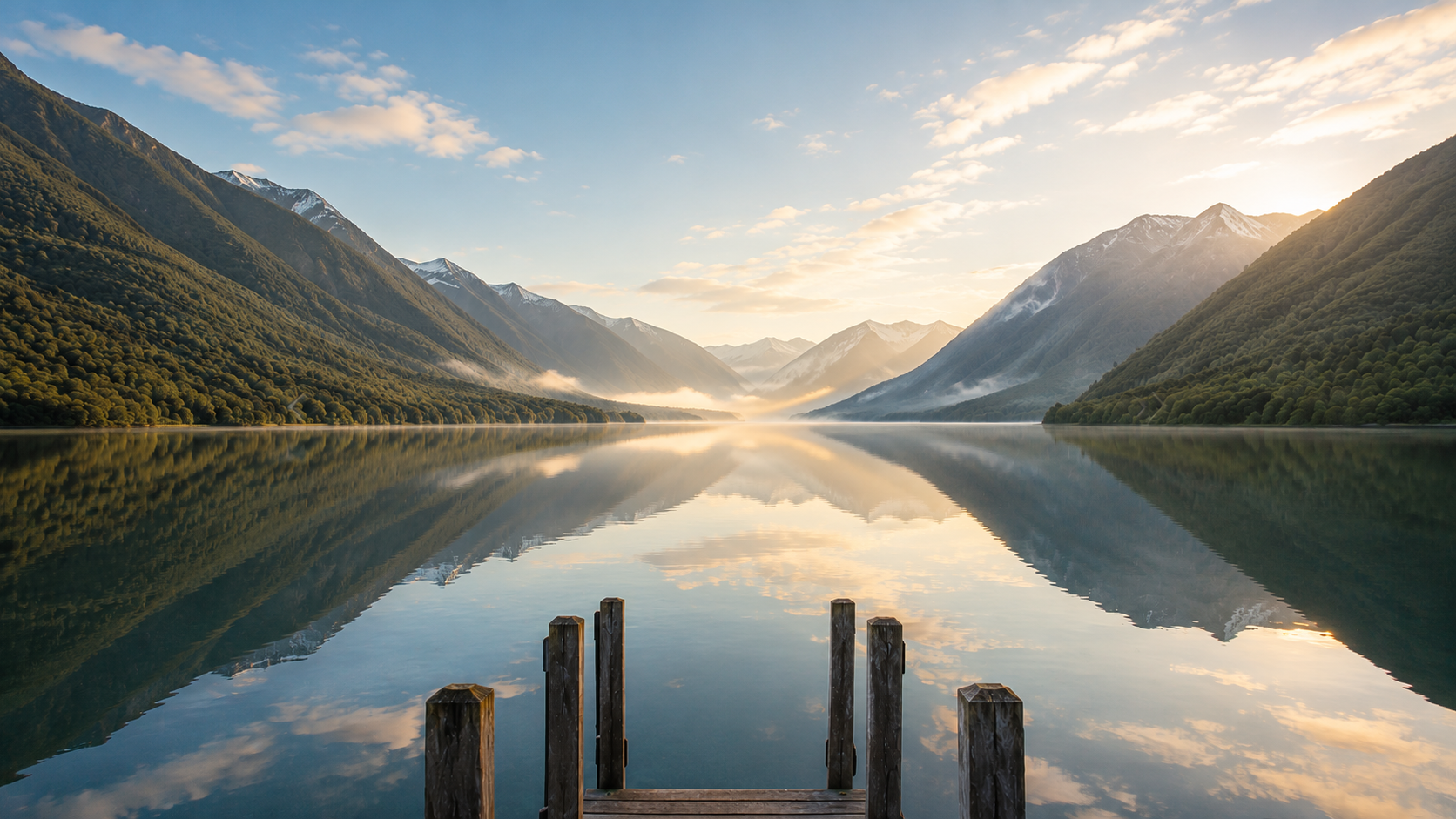 Calm mountain lake at sunrise, Nelson Lakes