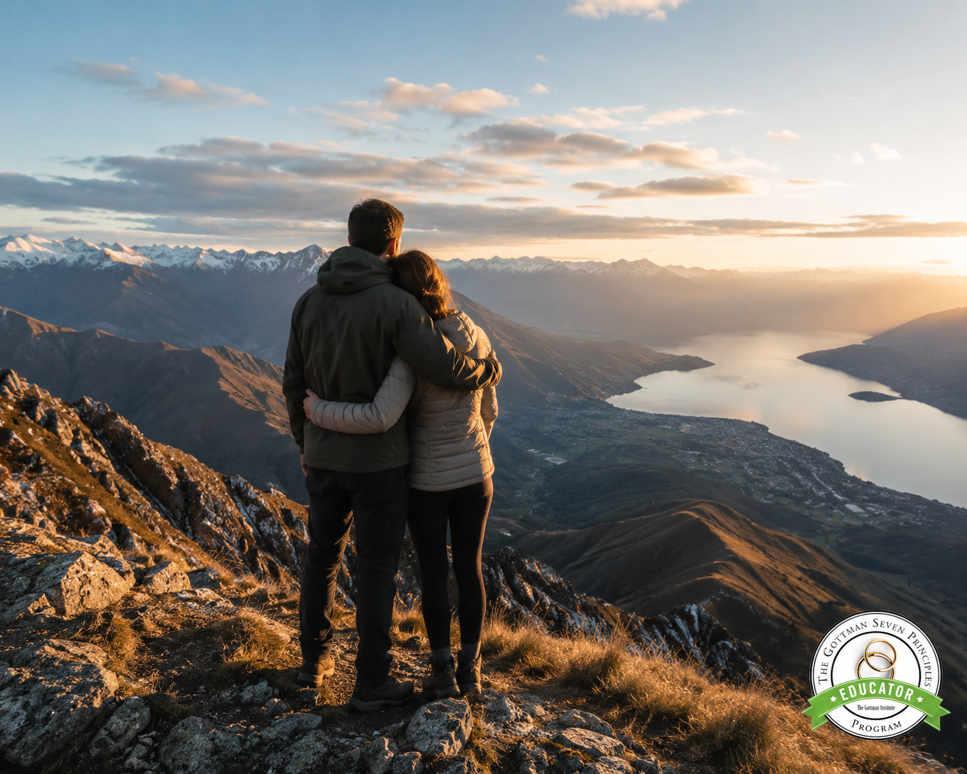 Couple embracing on a mountain summit at sunset, with the Seven Principles Educator badge