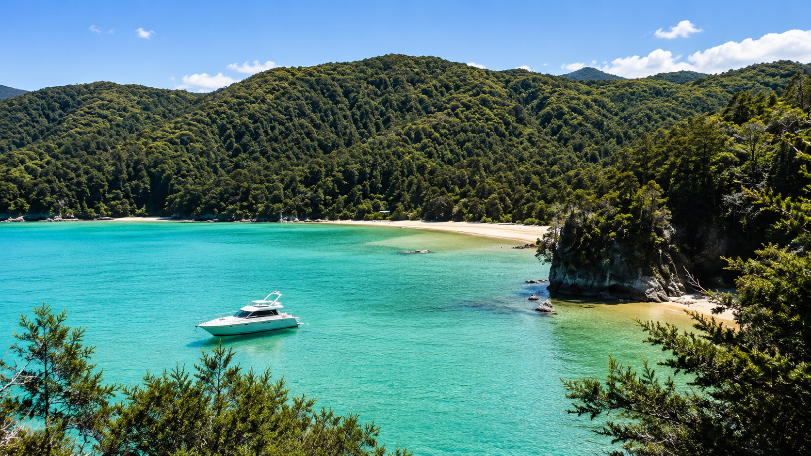 Turquoise bay with a boat anchored off a forested Abel Tasman beach